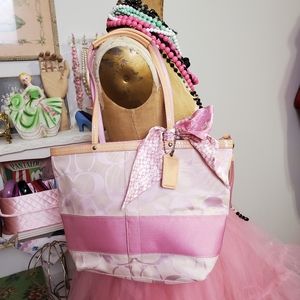 Pink on Pink Coach Logo Signature Stripe Jacquard Tote Shoulder Bag with Scarf